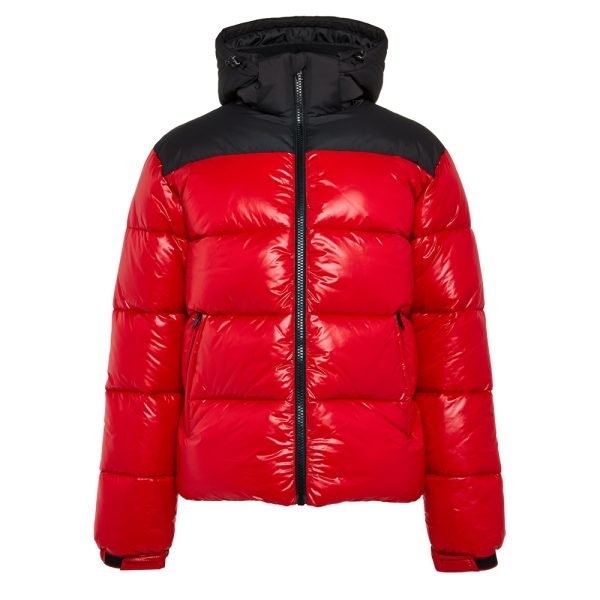 Private label puffer jacket red black glossy polyester quilted hooded winter jacket OEM bulk manufacturer