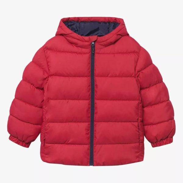 Custom puffer jacket supplier red polyester quilted hooded winter jacket OEM private label bulk production