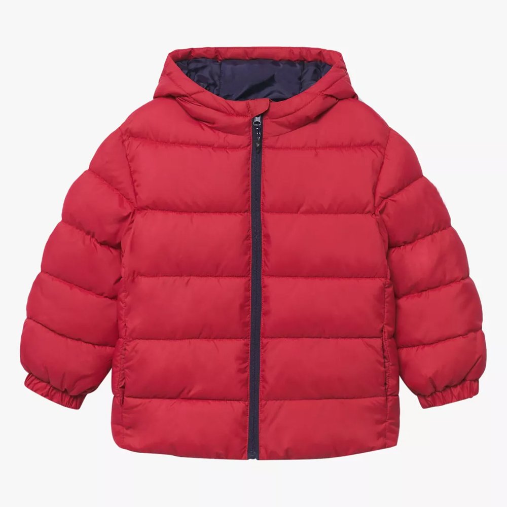 Custom puffer jacket supplier red polyester quilted hooded winter jacket OEM private label bulk production