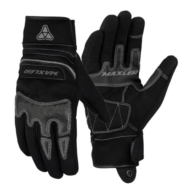 AXION BLACK textile motorcycle gloves with four-way stretch fabric and synthetic leather palm by Maxler Motosport