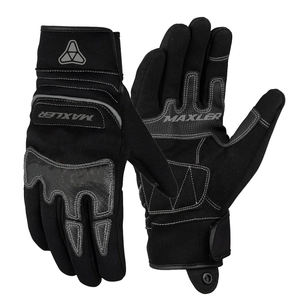 AXION BLACK textile motorcycle gloves with four-way stretch fabric and synthetic leather palm by Maxler Motosport