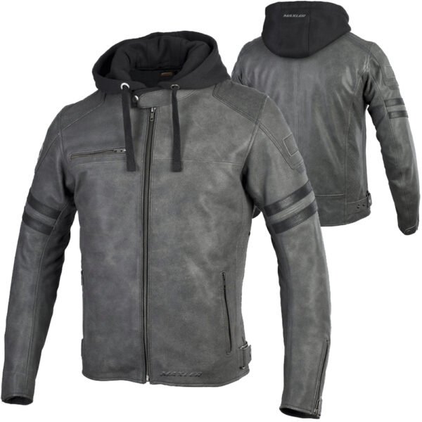 DARKVOLT II heavy duty biker leather jacket vintage grey cowhide hooded OEM CE ready production