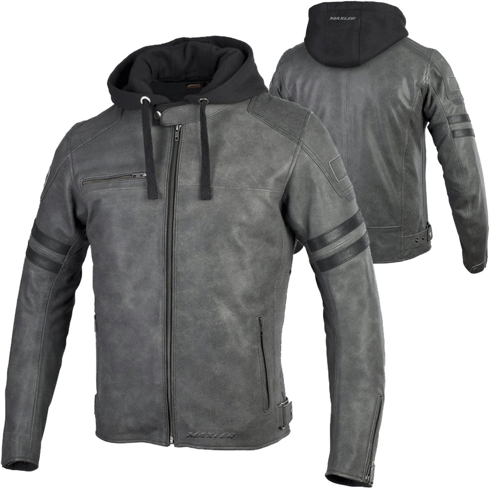 DARKVOLT II heavy duty biker leather jacket vintage grey cowhide hooded OEM CE ready production