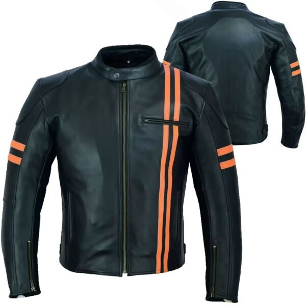 FIRESTORM export quality motorcycle leather jacket cafe racer cowhide black orange stripes OEM CE ready production