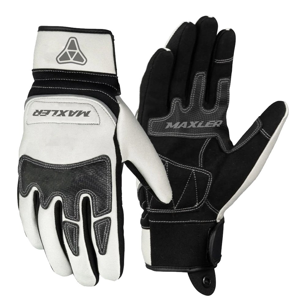 AXION WHITE motorbike textile short gloves with reinforced palm and breathable mesh by Maxler Motosport