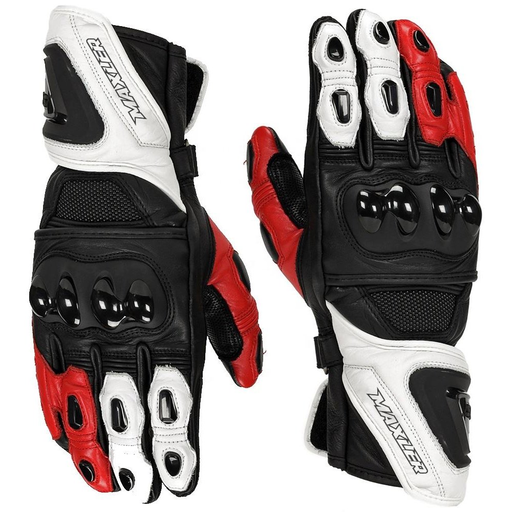 armored leather motorcycle gloves with perforated leather and carbon knuckle protection long gauntlet riding gloves