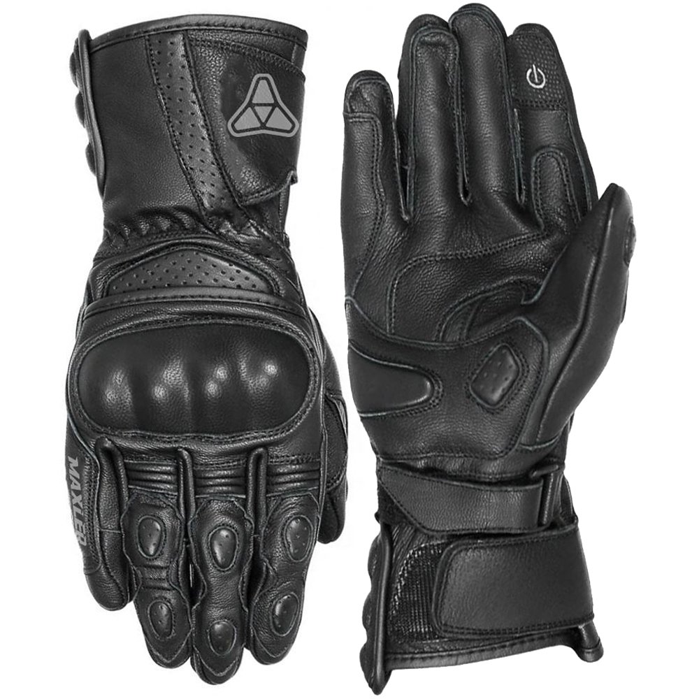 perforated leather gloves for motorcycle riding with hard knuckle protection long cuff gauntlet design