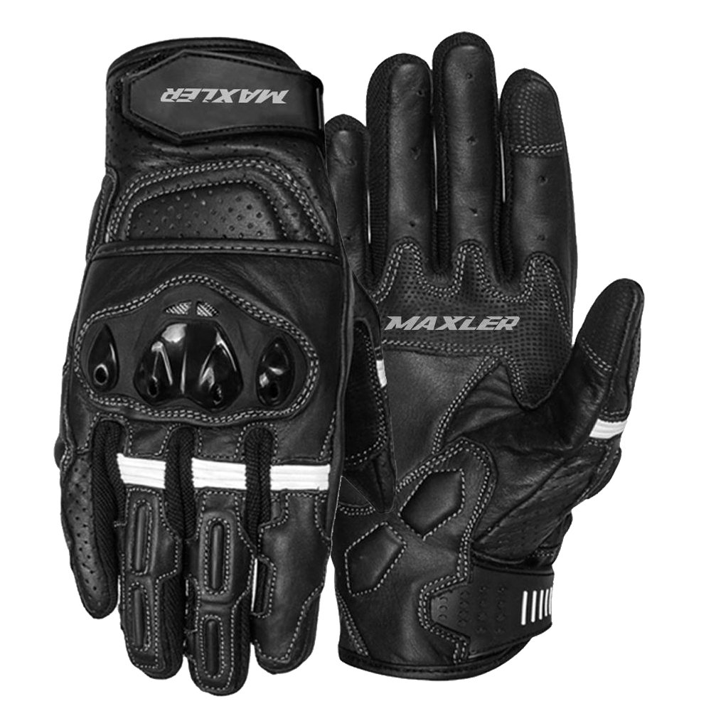 SABLE leather biker gloves short with perforated leather ventilation and hard knuckle protection by Maxler Motosport