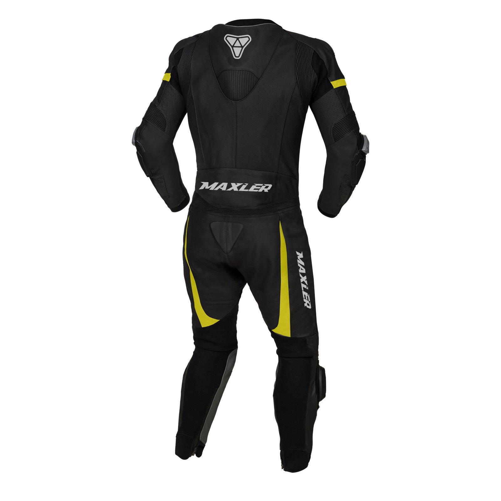 NOVARA one piece motorcycle racing suit black cowhide leather race suit with yellow panels aerodynamic race hump CE armor sliders Maxler Motosport