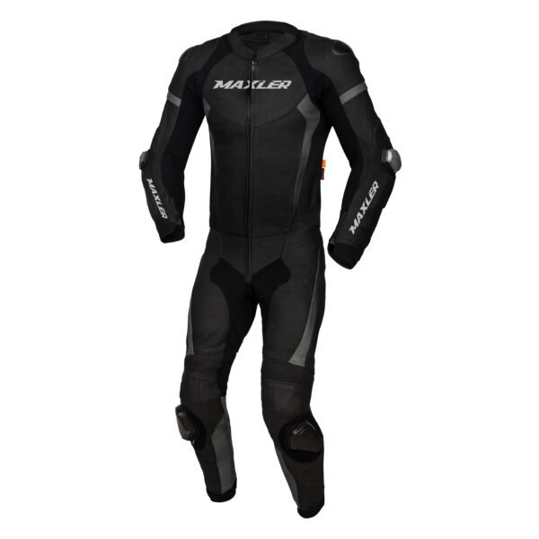 VAREX cowhide motorcycle racing suit black leather racing suit with grey panels aerodynamic race hump CE armor sliders Maxler Motosport