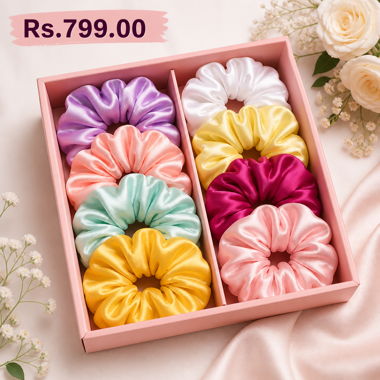 Pack of 8 Silk Scrunchies 1 Pack of 8 Silk Scrunchies